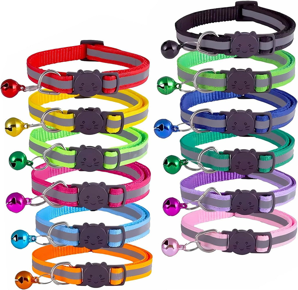 SereneStock Cat Collar- Reflective Cat Collars with Bells- Quick Release Cat Collar- Adjustable to Fit All Cats- Breakaway Safe Kitten Collar (12 Pack) (Mix Color)