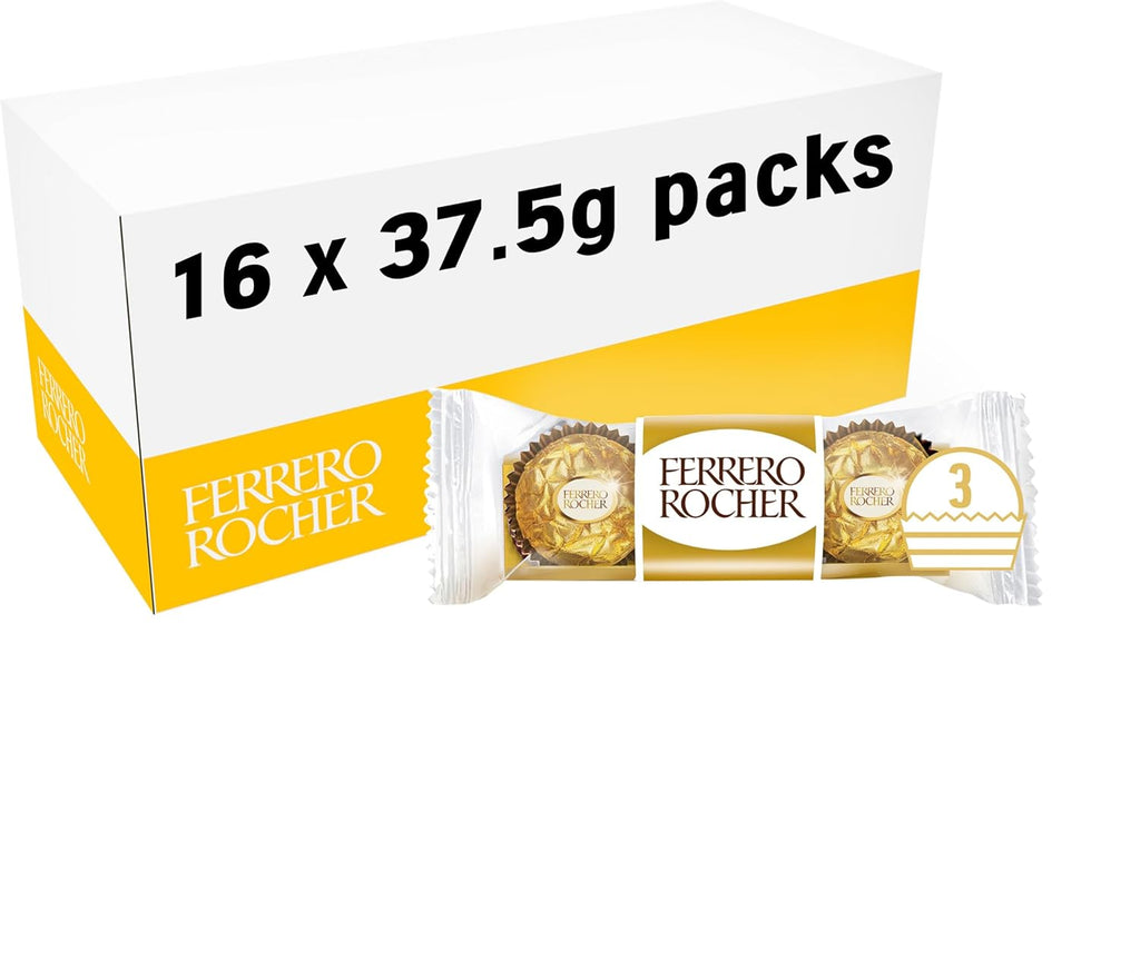 Ferrero Rocher Pralines, Bulk Chocolate Party Box, Birthdays, Gifting, Celebrations, Hazelnut Covered in Milk Chocolate and Nuts, Box of 16 x 3 (48pcs)