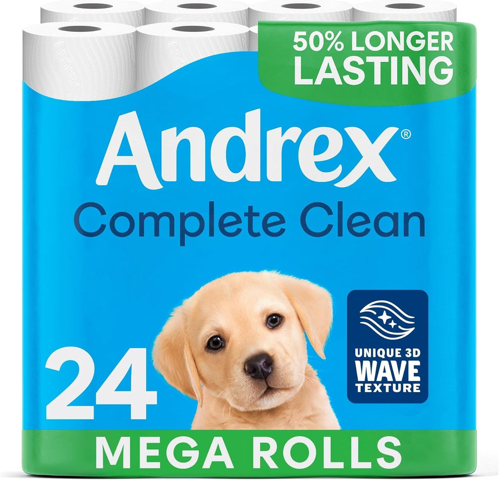 Andrex Complete Clean 24 Mega Toilet Rolls= 36 Standard Toilet Rolls, 50% Longer Lasting Paper with Unique 3D Wave Texture - FSC Certified