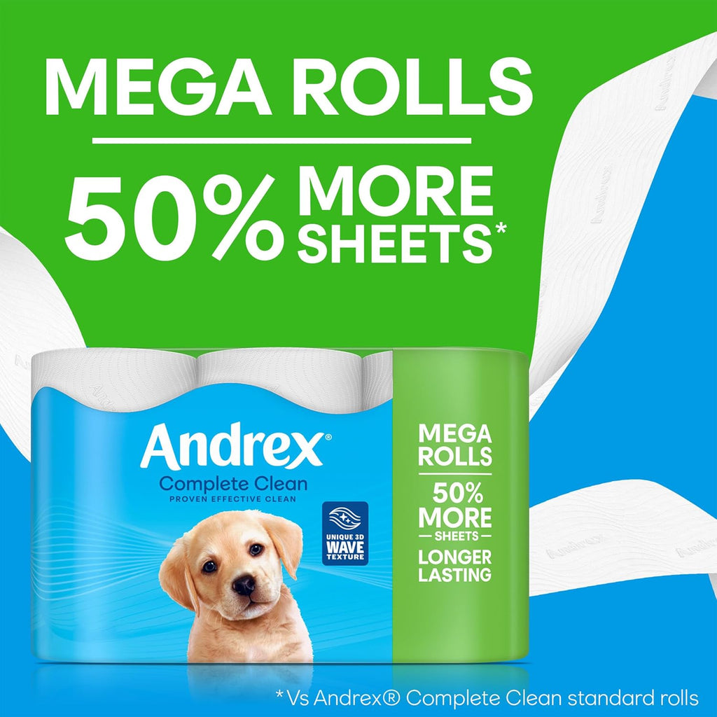 Andrex Complete Clean 24 Mega Toilet Rolls= 36 Standard Toilet Rolls, 50% Longer Lasting Paper with Unique 3D Wave Texture - FSC Certified