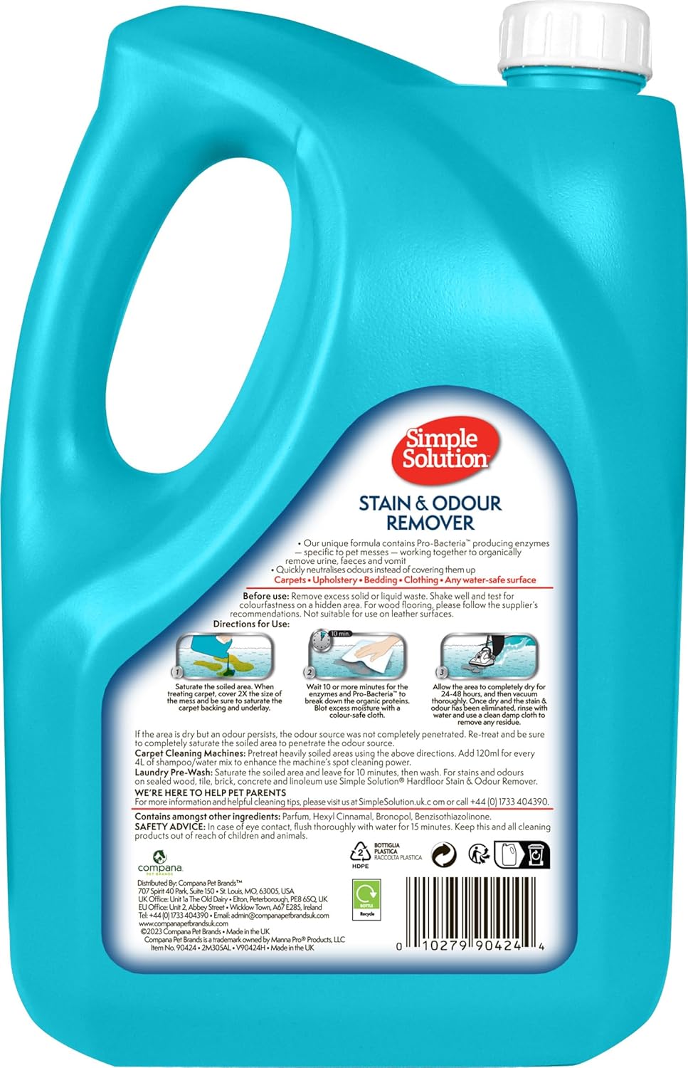 Simple Solution Dog Stain and Odour Remover, Enzymatic Cleaner with Pro-Bacteria Cleaning Power - 4 Litre