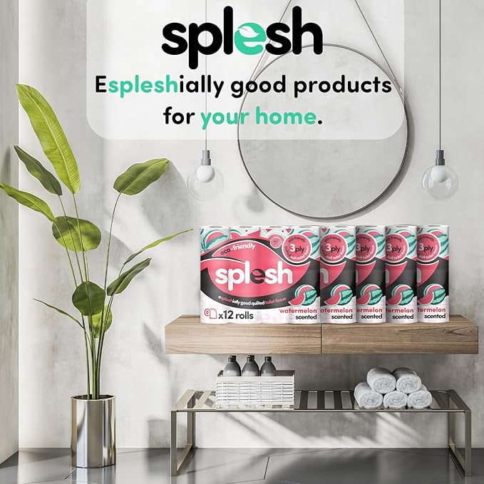 Splesh by Cusheen Toilet Roll 72 Rolls - Watermelon Scent Bulk Family Pack | Soft 3 Ply Quilted Bathroom Tissue Loo Rolls | Eco-Friendly, Sustainable Toilet Paper