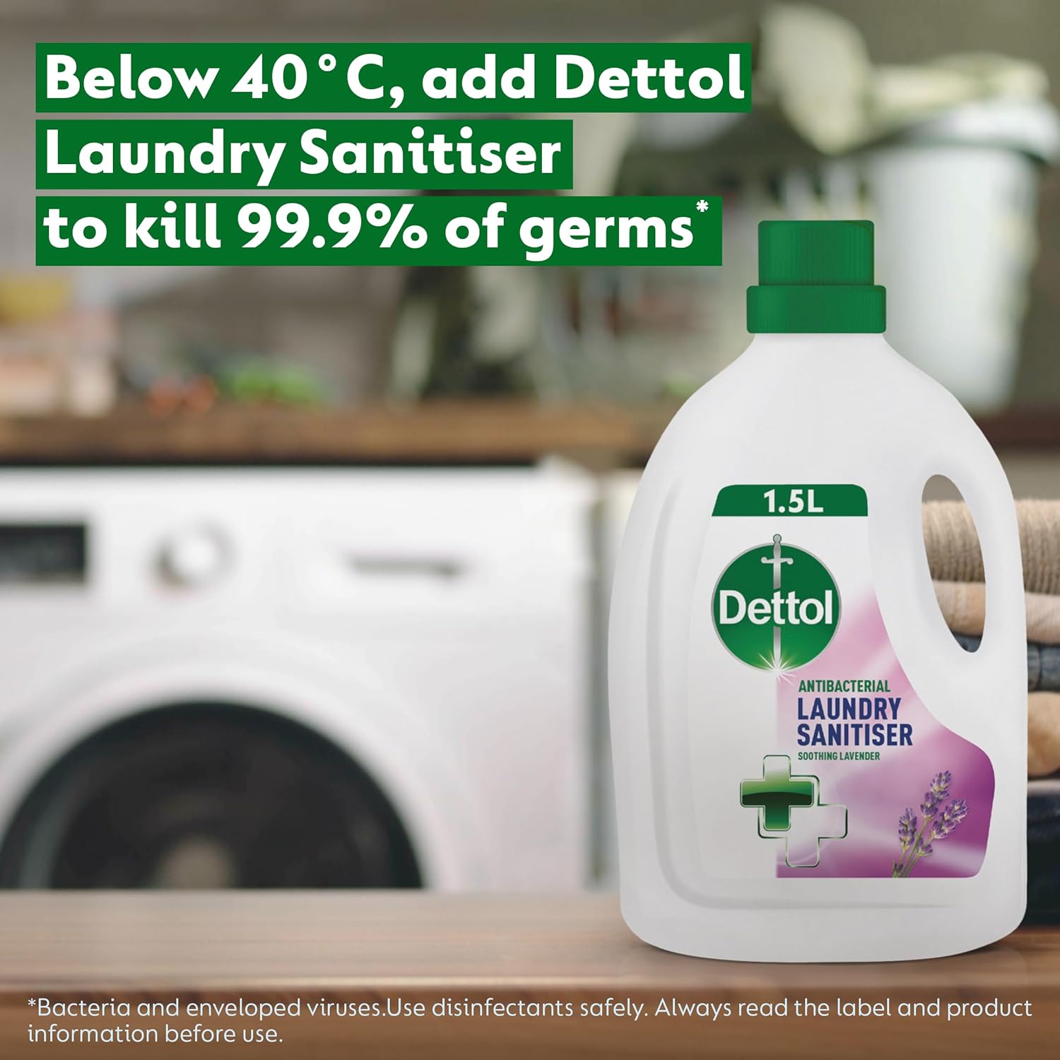 Dettol Laundry Sanitiser, Antibacterial, Lavender Scented, 6L Total (1.5L x 4pck) 12hr Freshness, Removes Odour, Prevents colour fading, Kills 99.9 Percent of Bacteria