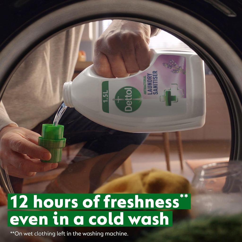 Dettol Laundry Sanitiser, Antibacterial, Lavender Scented, 6L Total (1.5L x 4pck) 12hr Freshness, Removes Odour, Prevents colour fading, Kills 99.9 Percent of Bacteria