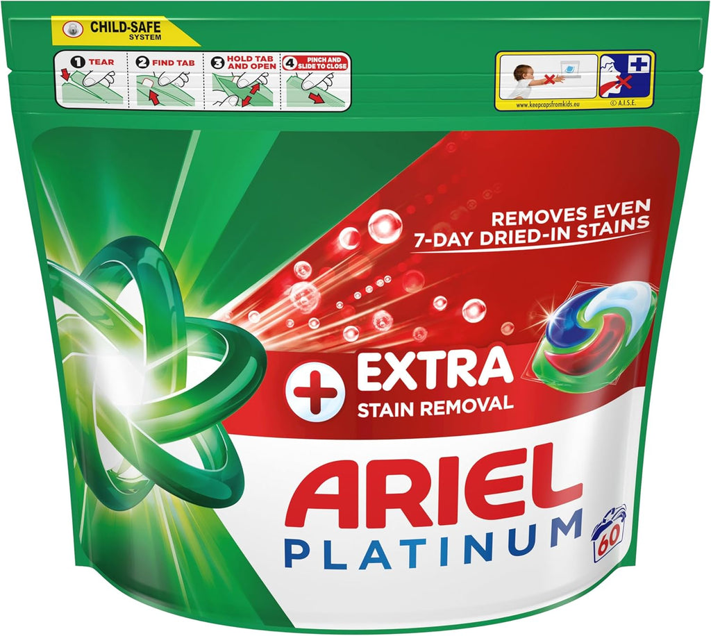 Ariel Platinum PODS®, Washing Liquid Laundry Detergent Capsules 120 Washes (60x2), +Extra Stain Removal, Remove Even 7-Day Dried-In Stains