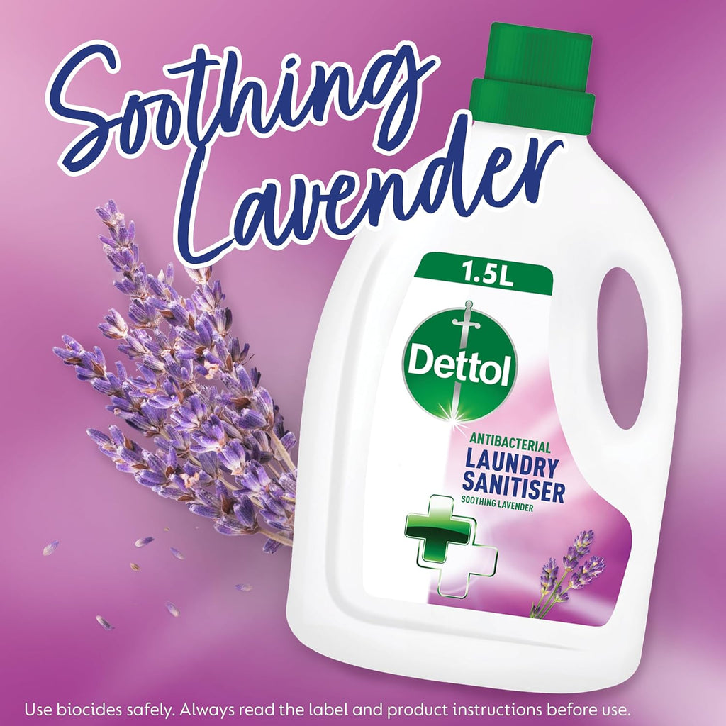 Dettol Laundry Sanitiser, Antibacterial, Lavender Scented, 6L Total (1.5L x 4pck) 12hr Freshness, Removes Odour, Prevents colour fading, Kills 99.9 Percent of Bacteria